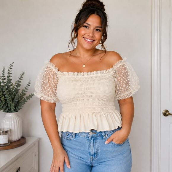 SHEIN Tops - Shein Cream Off Shoulder Lace Mesh Peplum Blouse Sz 6